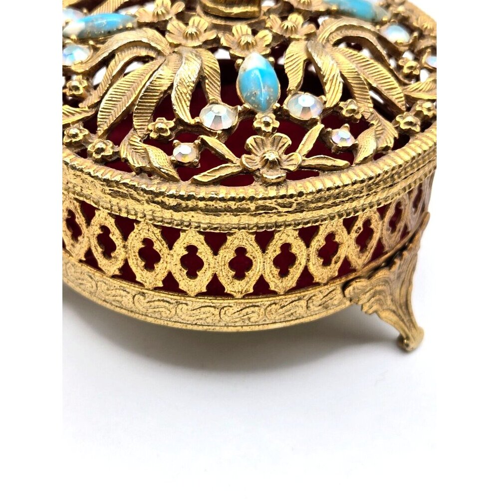 Vintage Cherub Gold Tone Footed Metal Jewelry or Trinket Box w/ embellished lid - Picture 2 of 8